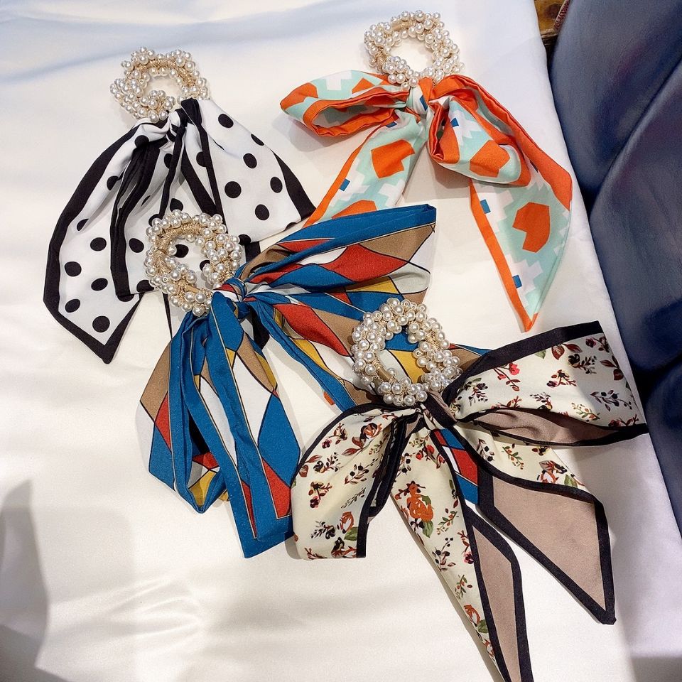 2021ins Wind Net Red New Pearl Head Rope Ribbon Scarf Hair Rope Headband Hair Bowknot Tie