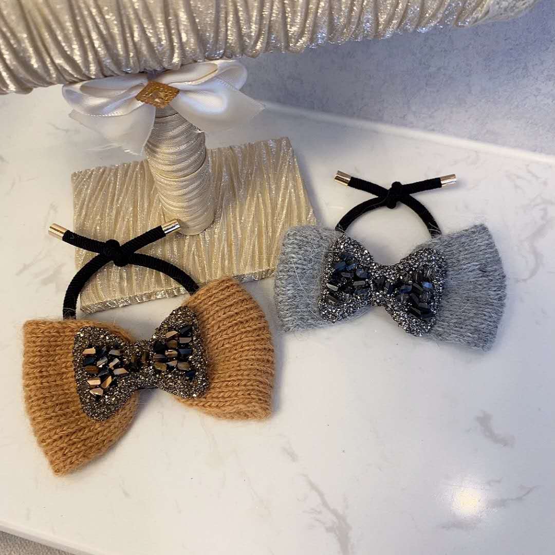Knitted Bowknot Diamond Bow Tie New Autumn and Winter Rubber Hand with Flower Style Hair Rope