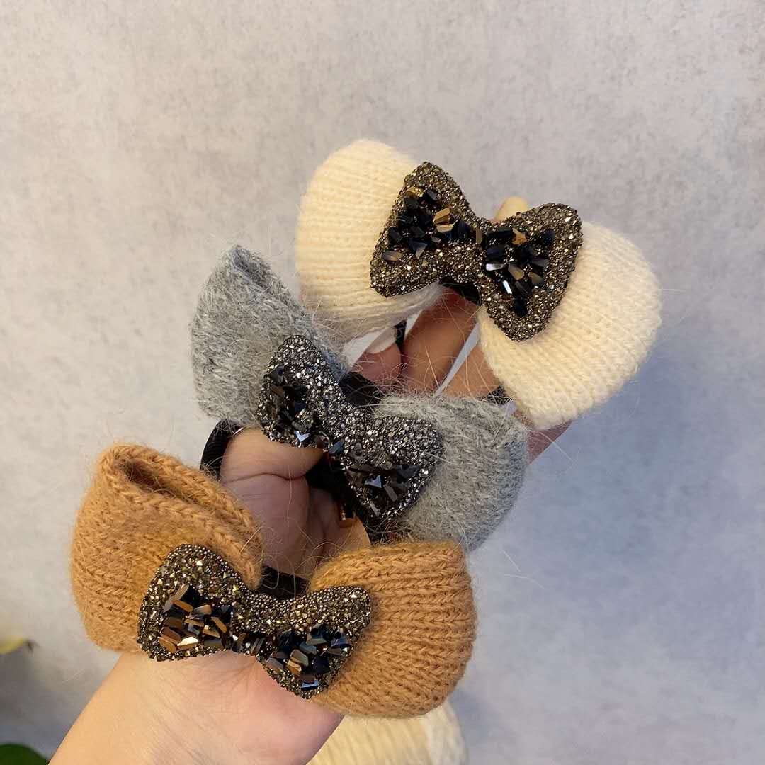 Knitted Bowknot Diamond Bow Tie New Autumn and Winter Rubber Hand with Flower Style Hair Rope