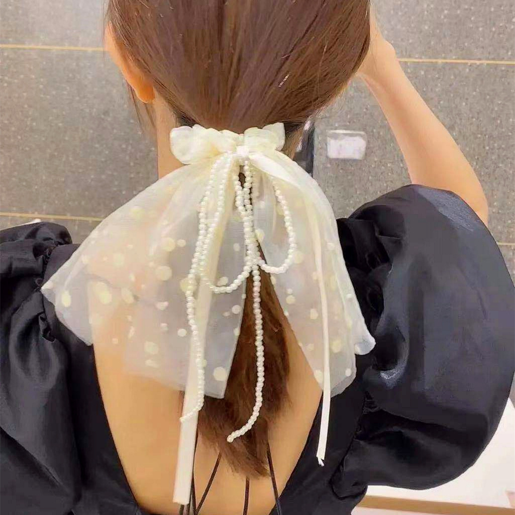 Pearl Hairtie Rubber Band Hair Band Korean Style Large Intestine Ring Hair Rope Lace Strap Bow Hair Bowknot Tie