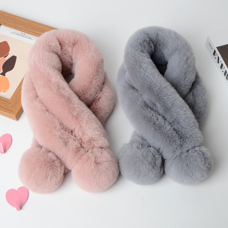 Imitate Rex Rabbit Fur Scarf Women&#039;s Autumn and Winter Warm Scarf Imitation Fur Solid Color Scarf Plush Two-Tube Fur Ball Scarf Thick