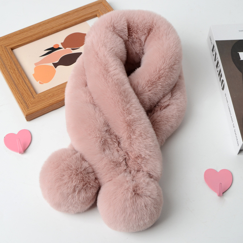 Imitate Rex Rabbit Fur Scarf Women&#039;s Autumn and Winter Warm Scarf Imitation Fur Solid Color Scarf Plush Two-Tube Fur Ball Scarf Thick