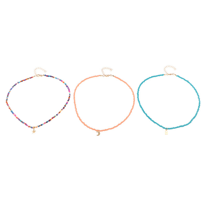 Cross-Border European and American Fashion Jewelry Fresh Candy Color Bead Necklace Set Alloy Star and Moon Pendant Necklace for Women