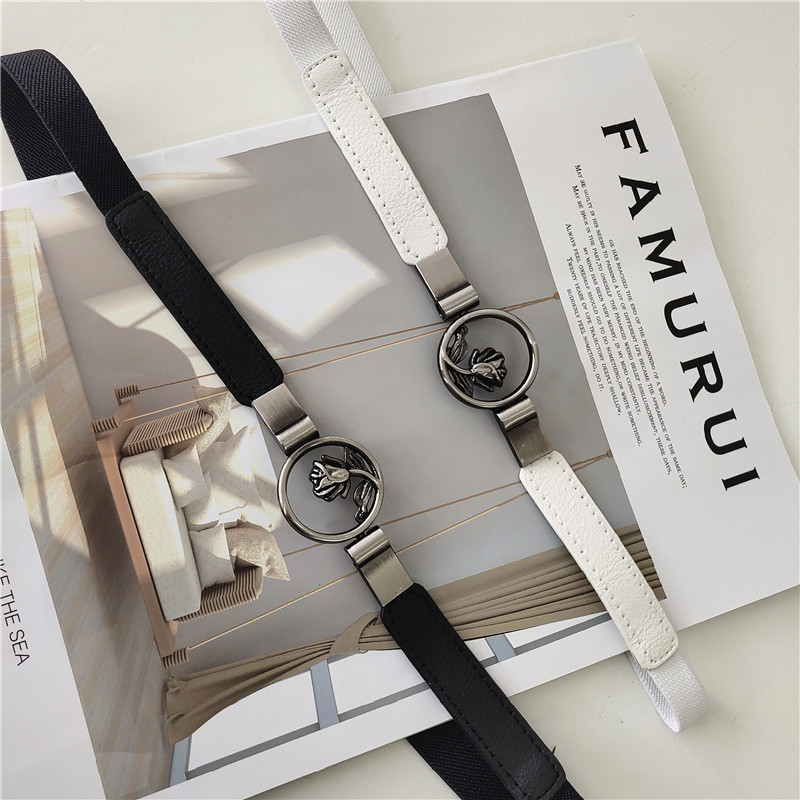 Belt Iron Rose Thin Belt Female Ornament Waist Seal with Skirt Retro Elastic Elastic Narrow Belt All-Match Waist Black