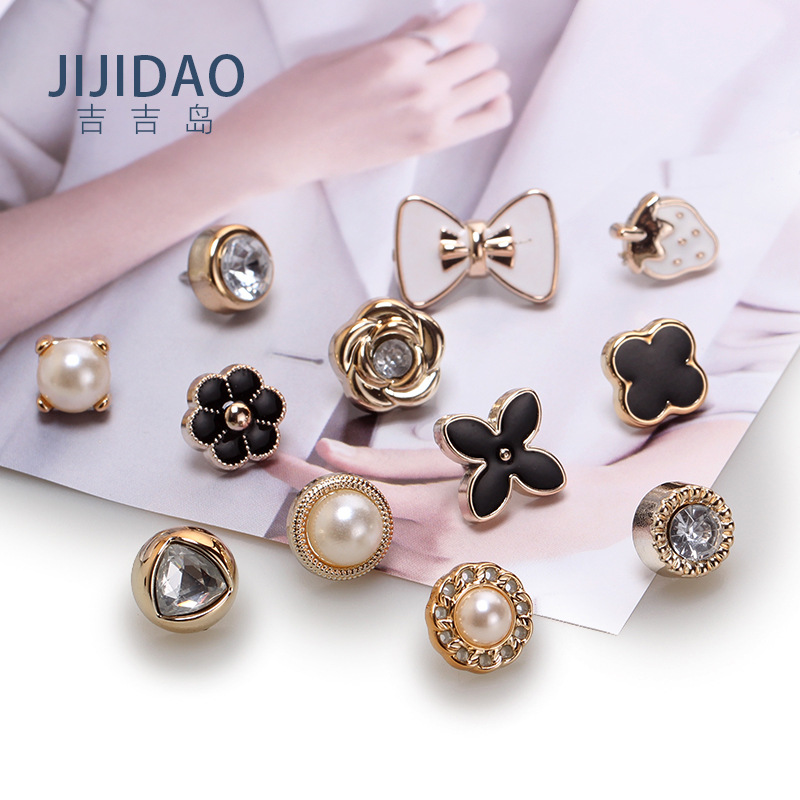 Nail-Free Anti-Exposure Button Sewing Free Metal Accessories Button Brooch Flower Shaped Button Pearl Rhinestone Pin Bow Buckle