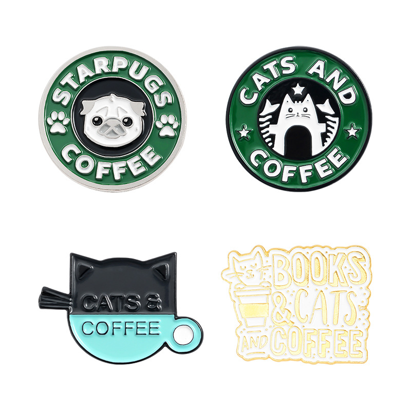 Hot Sale at AliExpress Creative Kitten Coffee Brooch Cute Cartoon Pug Puppies Cat Cafe Brooch