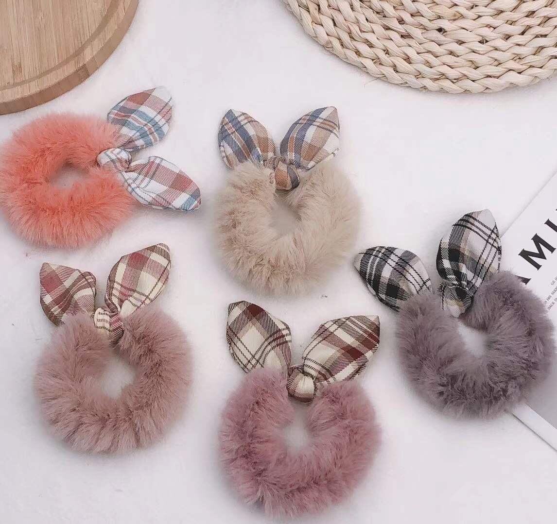 Plaid Colorblock Knotted Rabbit Ears Fluffy Hair Band Ins Korean Satin Large Intestine Ring Headband Hair Rope Tie Hair