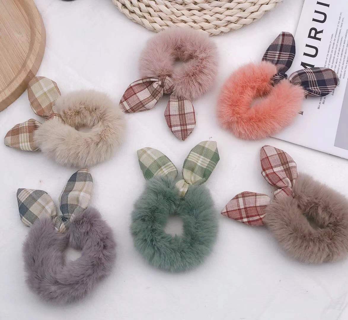 Plaid Colorblock Knotted Rabbit Ears Fluffy Hair Band Ins Korean Satin Large Intestine Ring Headband Hair Rope Tie Hair