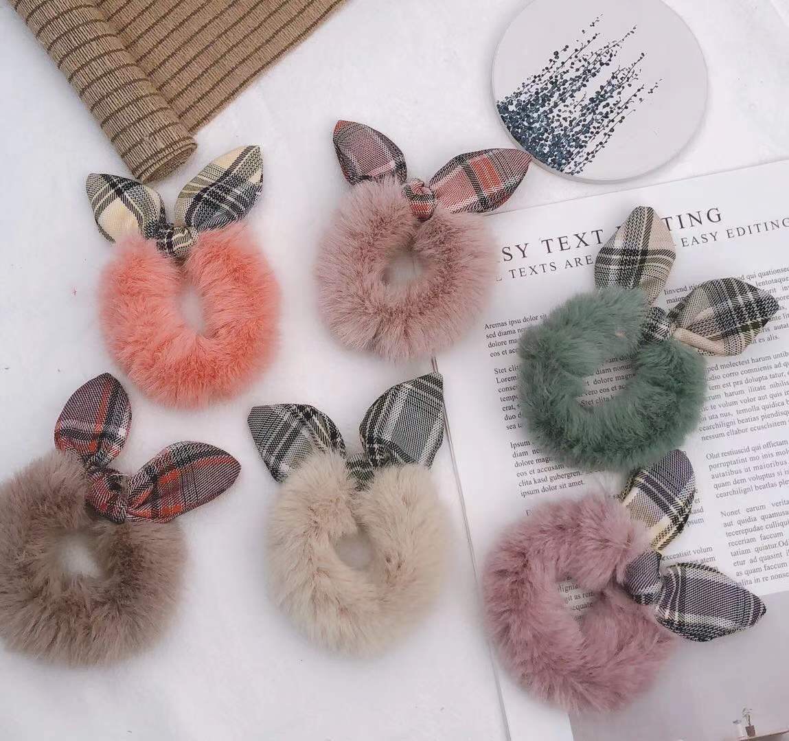Plaid Colorblock Knotted Rabbit Ears Fluffy Hair Band Ins Korean Satin Large Intestine Ring Headband Hair Rope Tie Hair