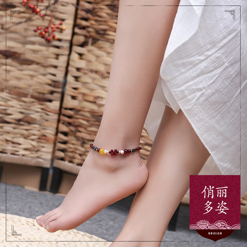Ethnic Style Red Anklet Imitation Crystal Korean Simple Retro Mori Style Foot Accessories Personality Ankle Chain Bridal Accessories for Women
