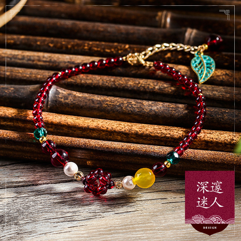 Ethnic Style Red Anklet Imitation Crystal Korean Simple Retro Mori Style Foot Accessories Personality Ankle Chain Bridal Accessories for Women