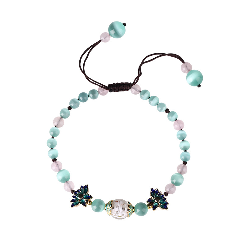 Rose Chalcedony Ethnic Style Cat Eye Anklet Crystal Vintage Ornament Hand-Knitted Rope Colored Glaze Ankle Chain Dripping Oil Female Ornament