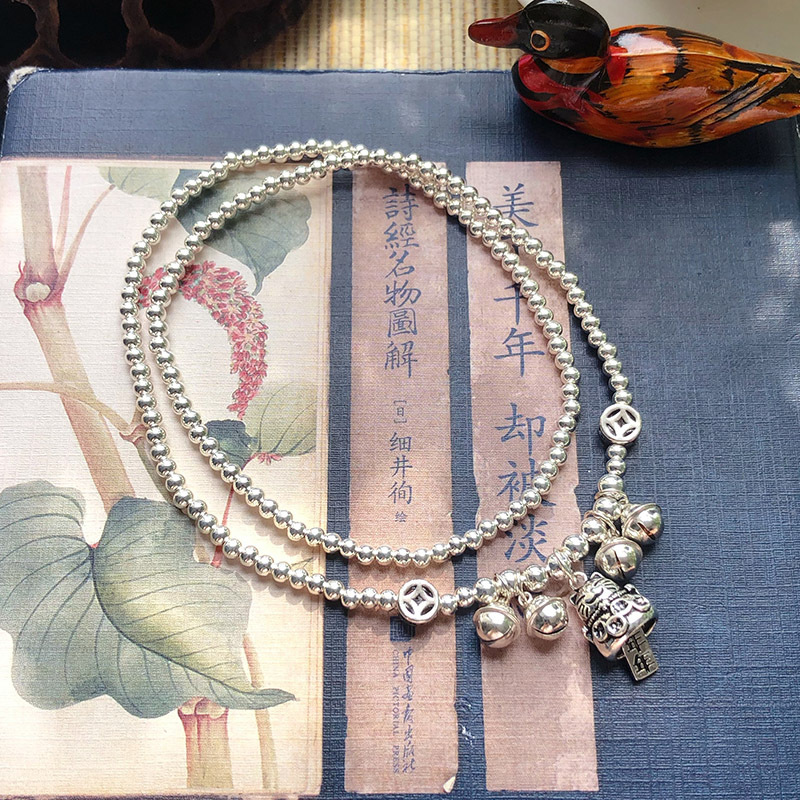 Original Design S925 Sterling Silver Anklet Female Lucky Cat Bell Double Ring All-Matching Fashion Lucky Lucky Anklet