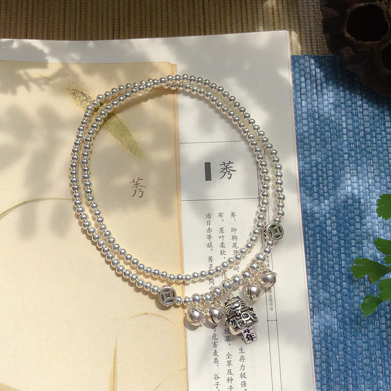 Original Design S925 Sterling Silver Anklet Female Lucky Cat Bell Double Ring All-Matching Fashion Lucky Lucky Anklet