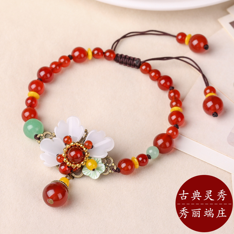 Ethnic Style Aventurine Temperament Anklet Female Retro Colored Glaze Petals Ankle Chain Red Agate Original Woven Foot Accessories