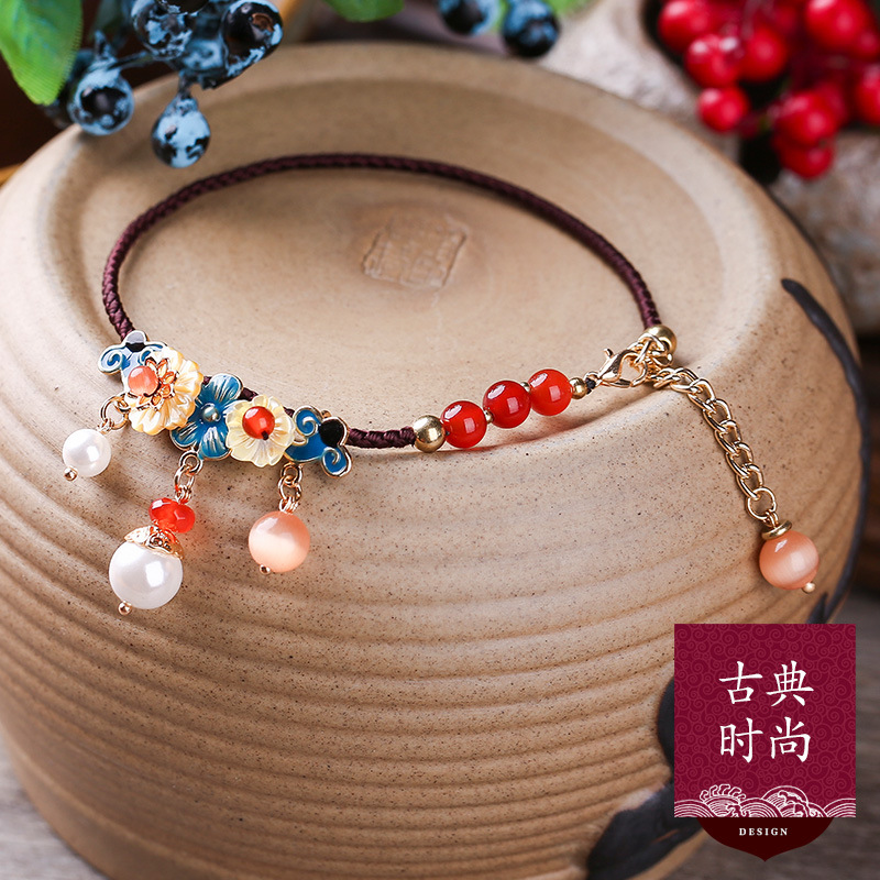 National Style Anklets All-Match Imitation Opal Sexy Foot Ornaments Retro Style Hand-Woven Summer Cool Anklet Women