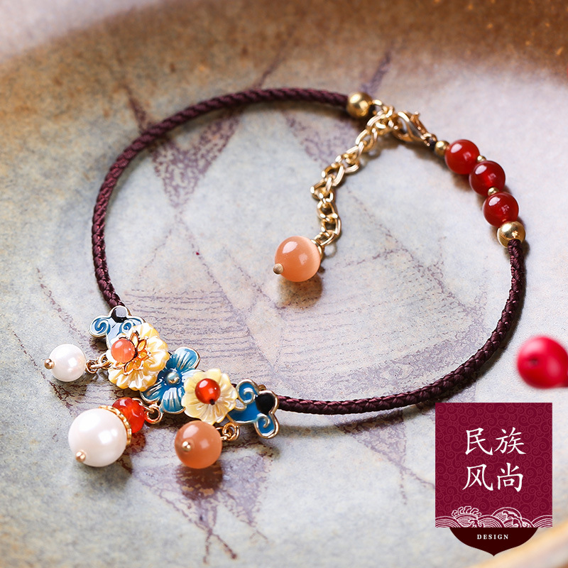 National Style Anklets All-Match Imitation Opal Sexy Foot Ornaments Retro Style Hand-Woven Summer Cool Anklet Women
