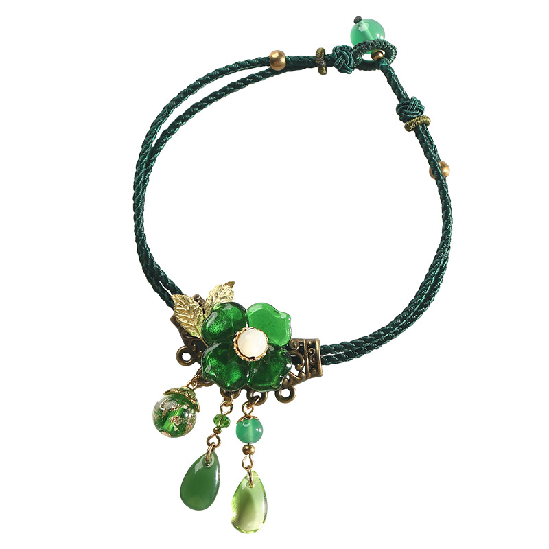 National Style Anklets Women&#039;s Glass Clover Vintage Green Agate Decorations Personalized All-Match Ankle Chain Anklet Foot Ornaments