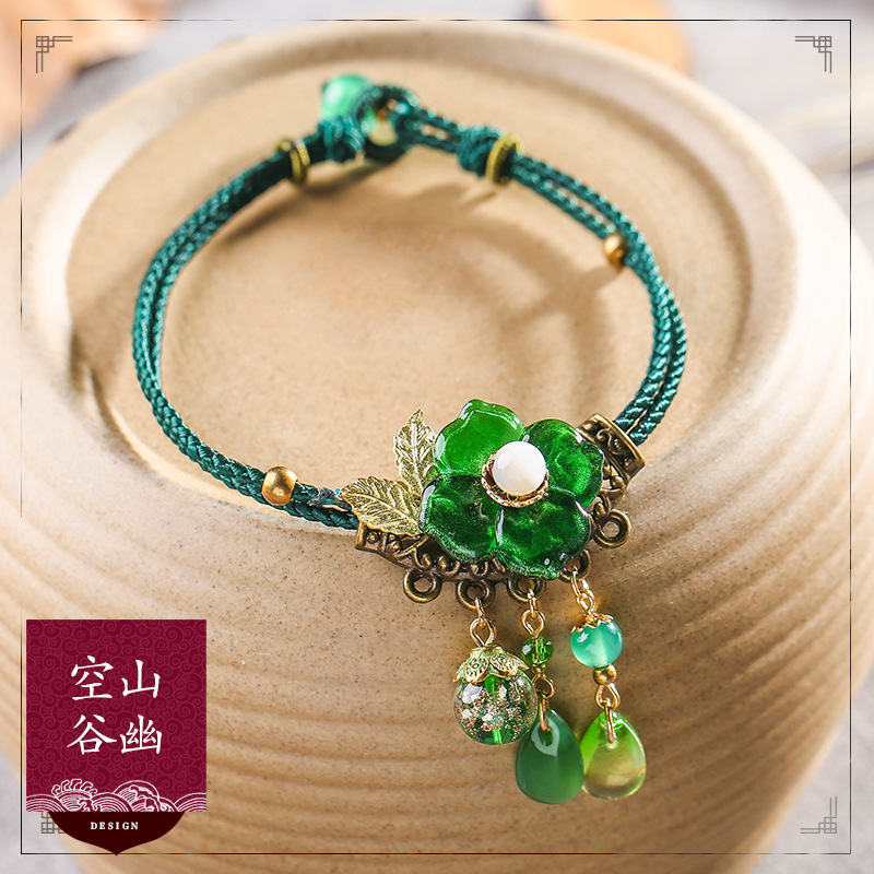 National Style Anklets Women&#039;s Glass Clover Vintage Green Agate Decorations Personalized All-Match Ankle Chain Anklet Foot Ornaments