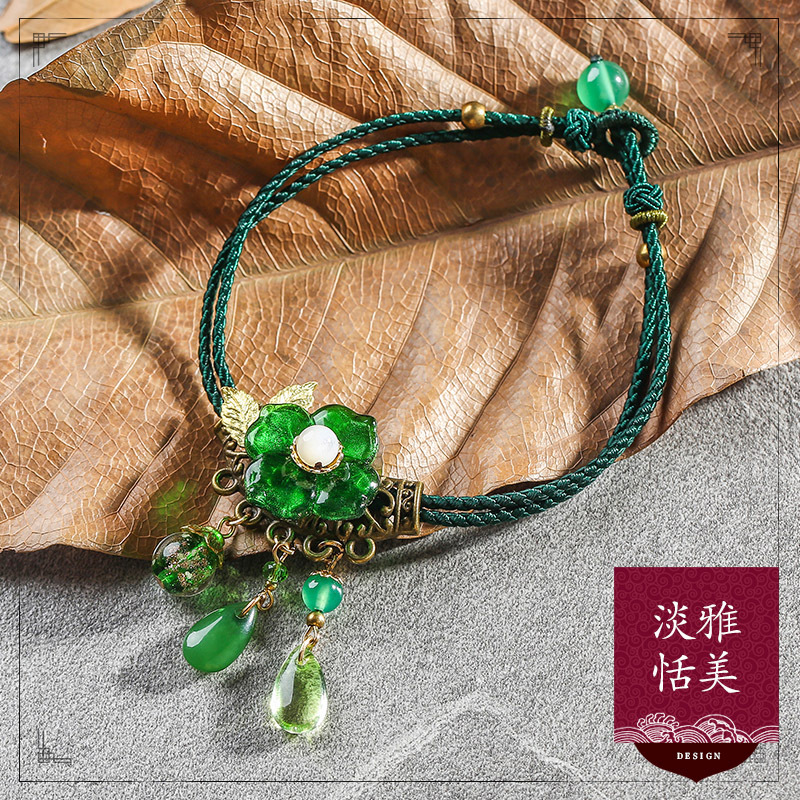 National Style Anklets Women&#039;s Glass Clover Vintage Green Agate Decorations Personalized All-Match Ankle Chain Anklet Foot Ornaments