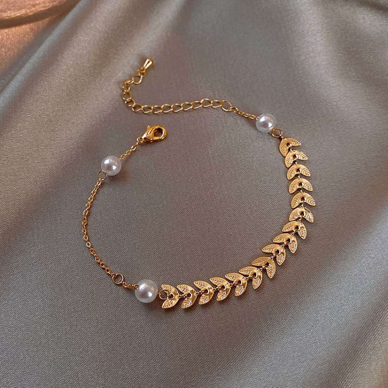 Pearl Wheat Leaves Personalized Bracelet Special-Interest Design Girlfriends Student Sisters Bracelet Cold Wind Titanium Steel Anklet