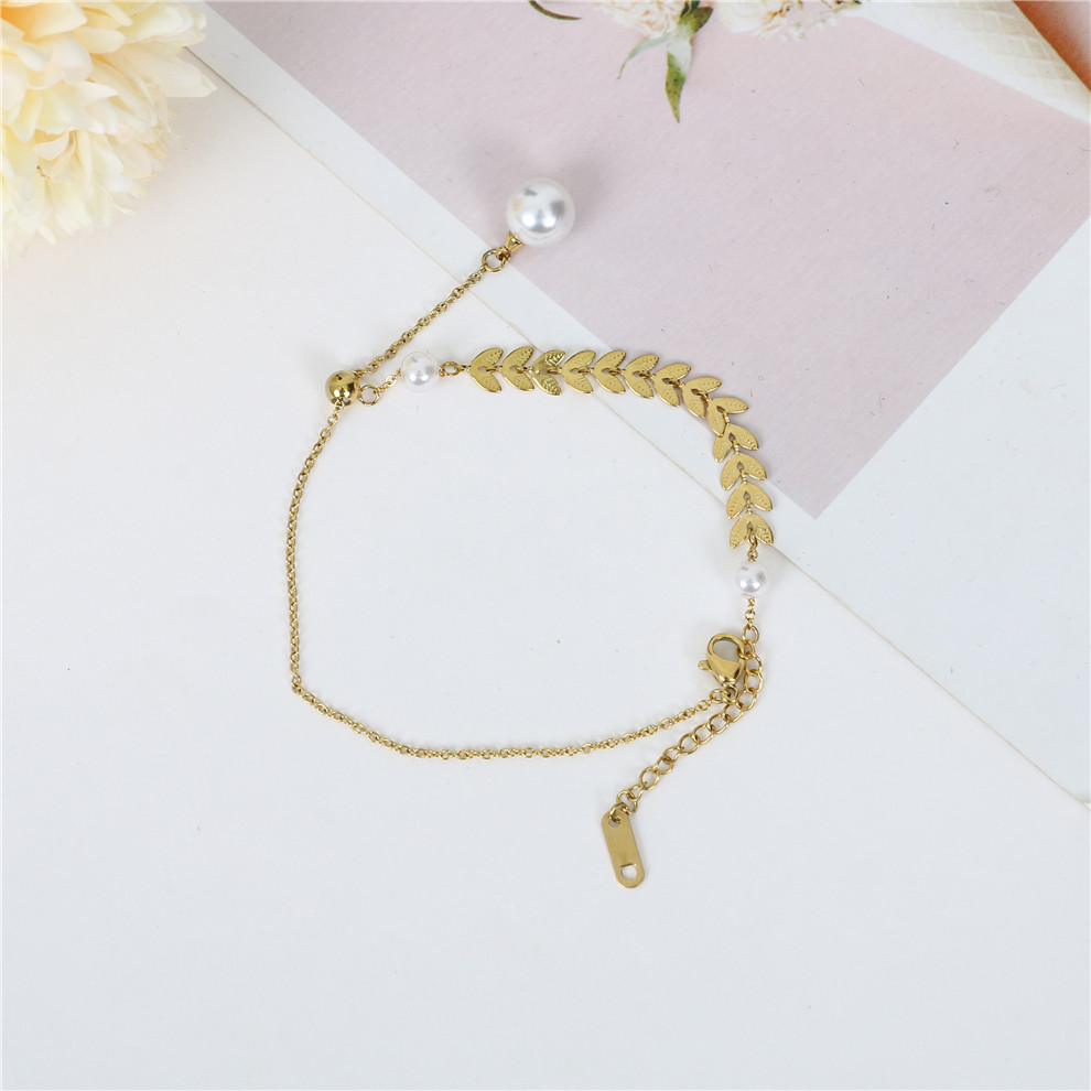 Pearl Wheat Leaves Personalized Bracelet Special-Interest Design Girlfriends Student Sisters Bracelet Cold Wind Titanium Steel Anklet