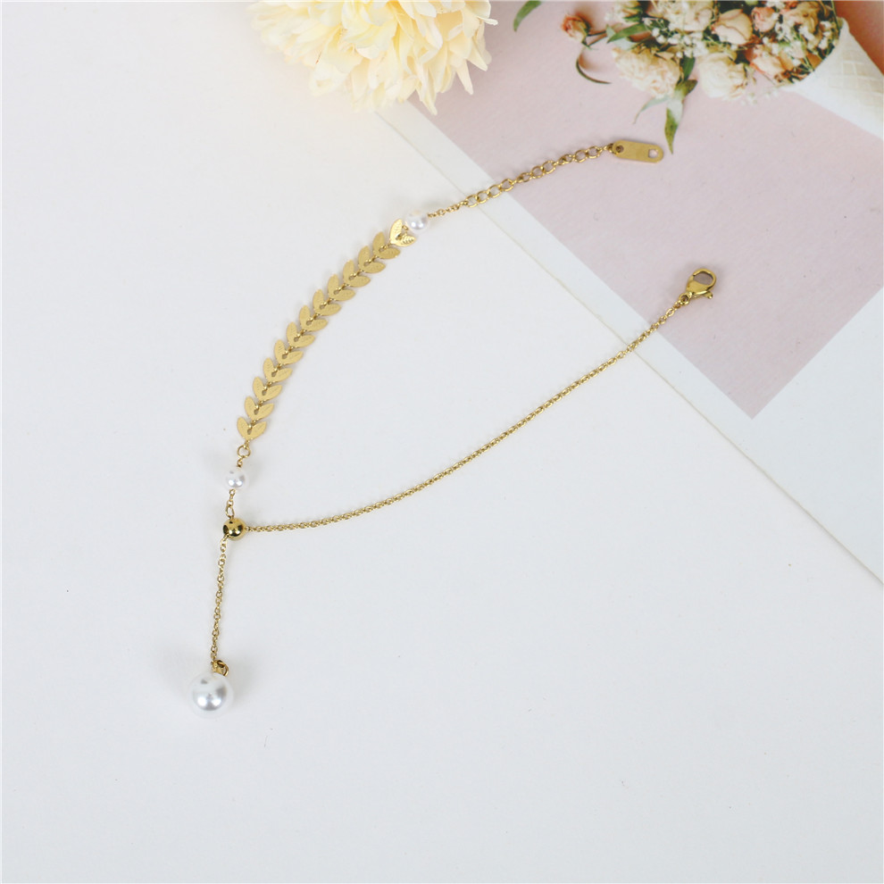 Pearl Wheat Leaves Personalized Bracelet Special-Interest Design Girlfriends Student Sisters Bracelet Cold Wind Titanium Steel Anklet