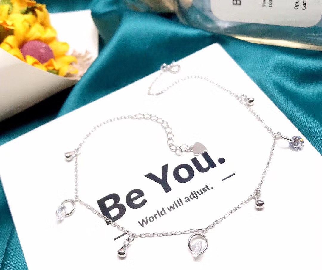 925 Sterling Silver Water Drop Beads Anklet Women&#039;s Sterling Silver round Zirconium Ancient Style Sexy Student Girlfriends Sisters Sound Mori