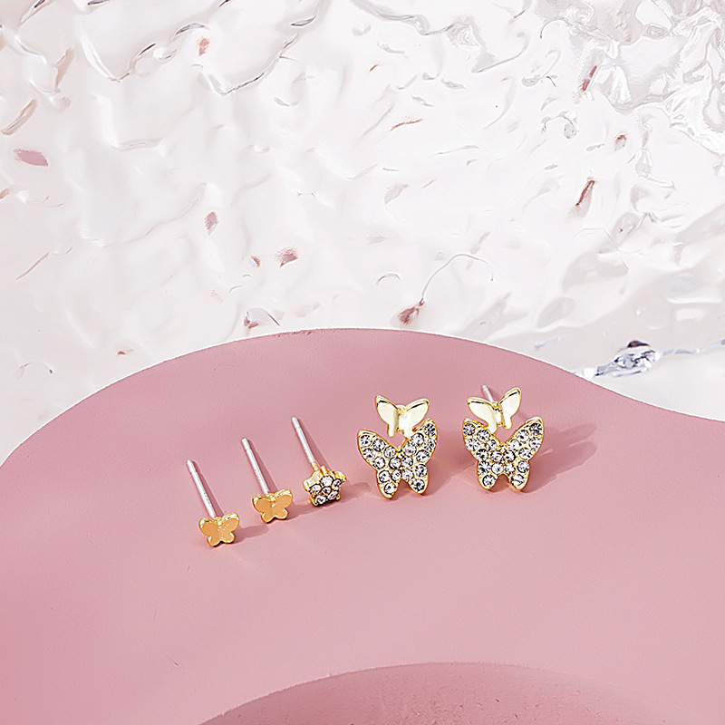 Silver Needle Full Diamond Butterfly 5 PCs Storage Ear Studs Ins Internet Celebrity Sweet Sleep without Picking Small Ear Bone Stud Set Earrings