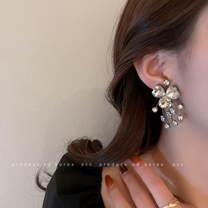 Silver Stud Rhinestone-Encrusted Love Heart Earrings European and American Exaggerated Design Personalized Net Red Wind Ear Studs Elegant Metal Style Earrings for Women
