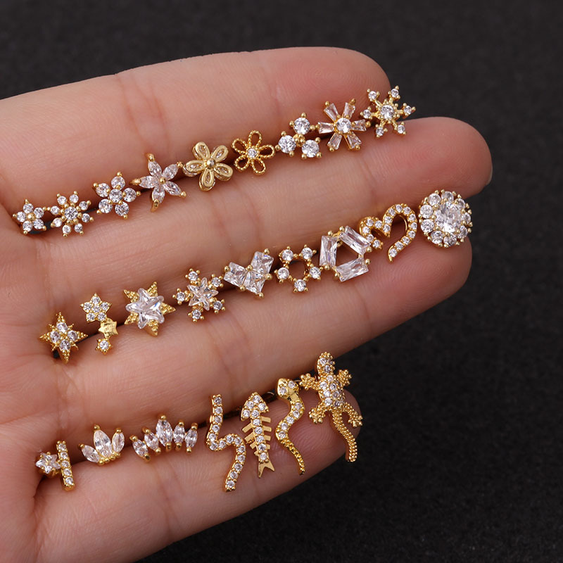 Rose Gold Earrings Stainless Steel Thin Rod Ear Studs Micro Inlaid Zircon Ear Bone Stud Foreign Trade Creative Ornament