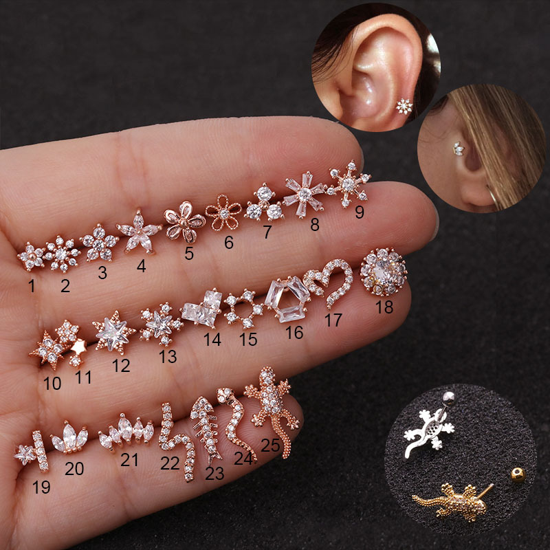 Rose Gold Earrings Stainless Steel Thin Rod Ear Studs Micro Inlaid Zircon Ear Bone Stud Foreign Trade Creative Ornament