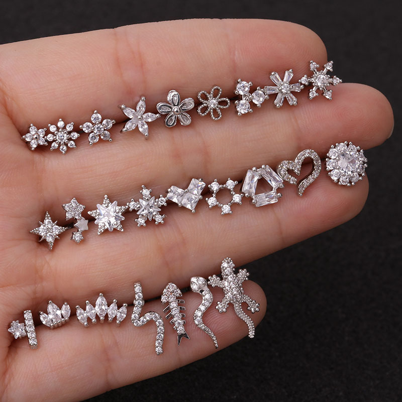 Rose Gold Earrings Stainless Steel Thin Rod Ear Studs Micro Inlaid Zircon Ear Bone Stud Foreign Trade Creative Ornament