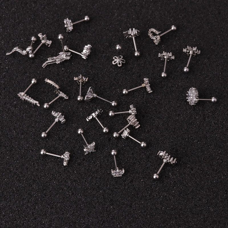 Rose Gold Earrings Stainless Steel Thin Rod Ear Studs Micro Inlaid Zircon Ear Bone Stud Foreign Trade Creative Ornament