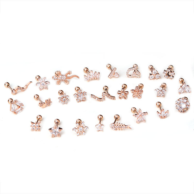Rose Gold Earrings Stainless Steel Thin Rod Ear Studs Micro Inlaid Zircon Ear Bone Stud Foreign Trade Creative Ornament