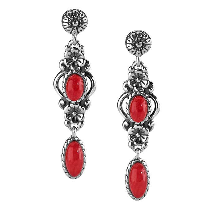 Rongyu New Retro Decorative Flowers Turquoise Earrings European and American Thai Silver Red Coral Turquoise Earrings