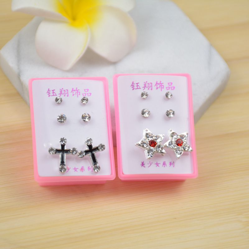 Rhinestone 3 Pairs a Box of Ear Studs Rhinestone Earrings Fashionable and Versatile Earrings 2 Yuan Shop Stall Supply
