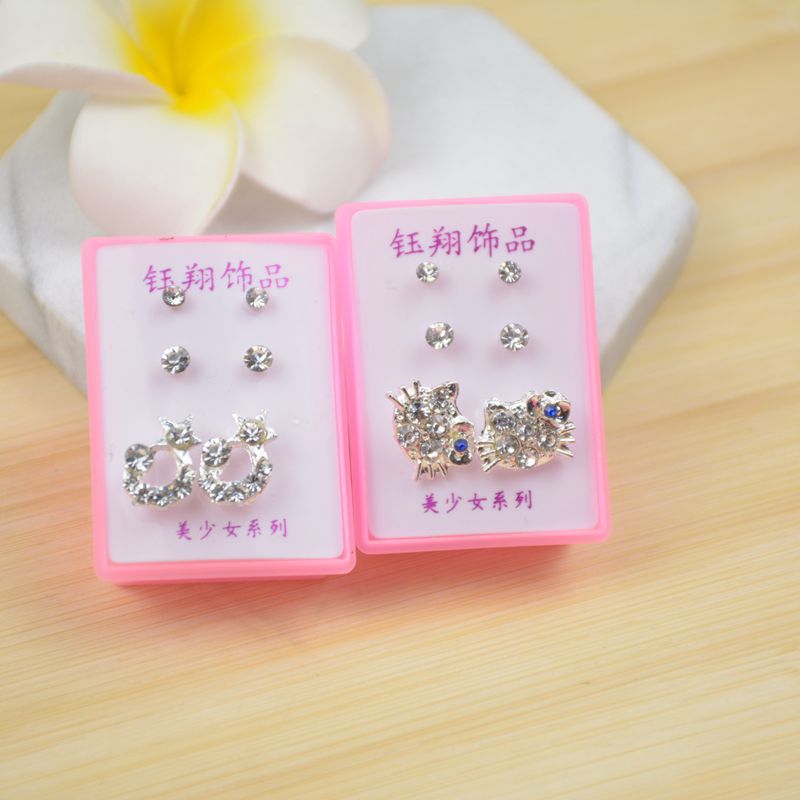 Rhinestone 3 Pairs a Box of Ear Studs Rhinestone Earrings Fashionable and Versatile Earrings 2 Yuan Shop Stall Supply
