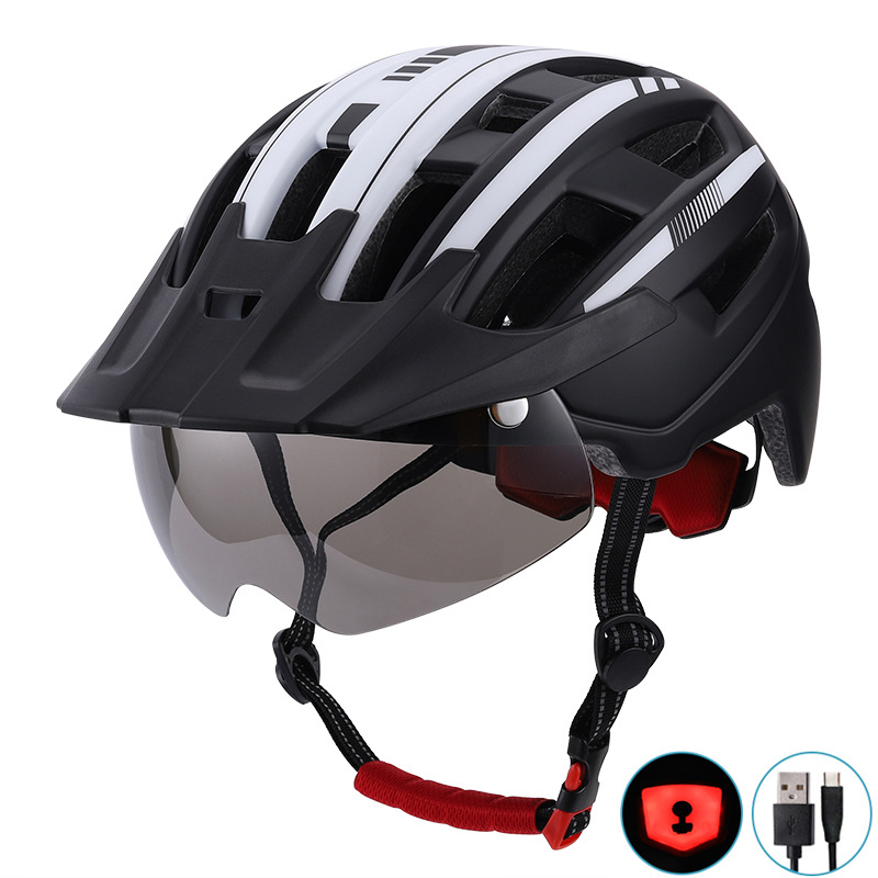 Big Brim Magnetic Suction Goggles Helmet Men and Women Mountain Highway Bicycle Riding Helmet with USB Rechargeable Light