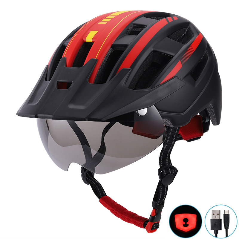 Big Brim Magnetic Suction Goggles Helmet Men and Women Mountain Highway Bicycle Riding Helmet with USB Rechargeable Light