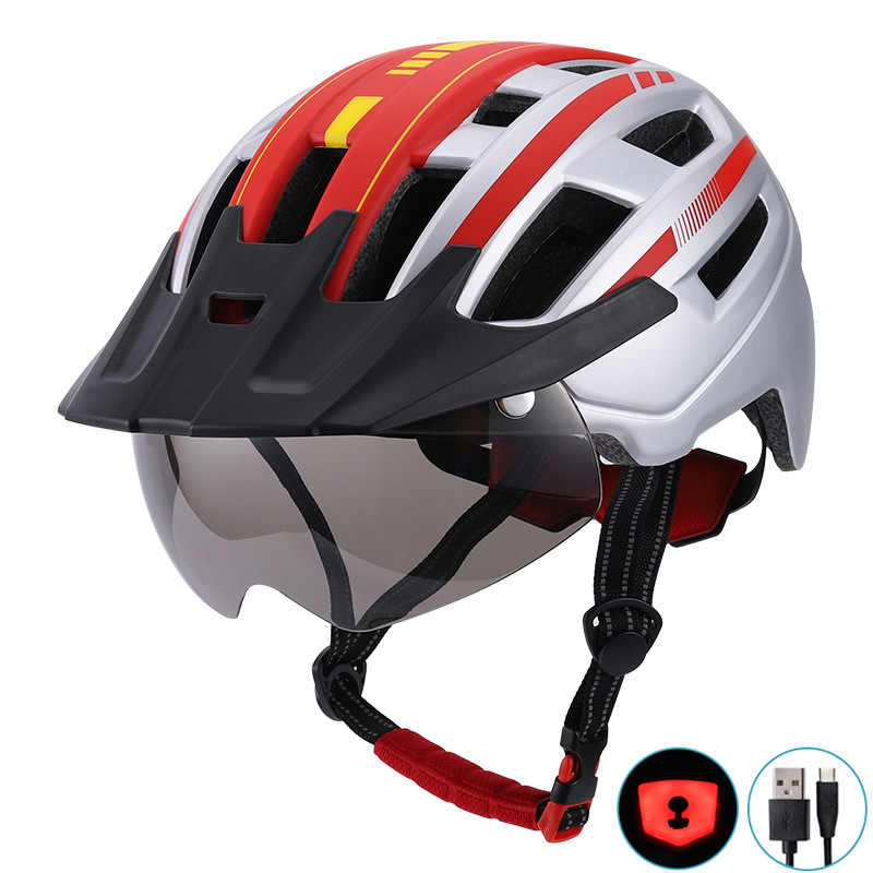 Big Brim Magnetic Suction Goggles Helmet Men and Women Mountain Highway Bicycle Riding Helmet with USB Rechargeable Light
