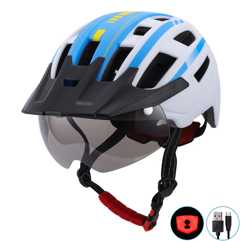 Big Brim Magnetic Suction Goggles Helmet Men and Women Mountain Highway Bicycle Riding Helmet with USB Rechargeable Light