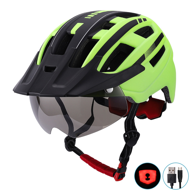 Big Brim Magnetic Suction Goggles Helmet Men and Women Mountain Highway Bicycle Riding Helmet with USB Rechargeable Light