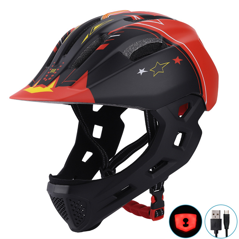 Children&#039;s Full Face Helmet Balance Car Skateboard Bike Riding Helmet Integrated Molding with Insect-Proof Mesh Belt USB Rechargeable Light