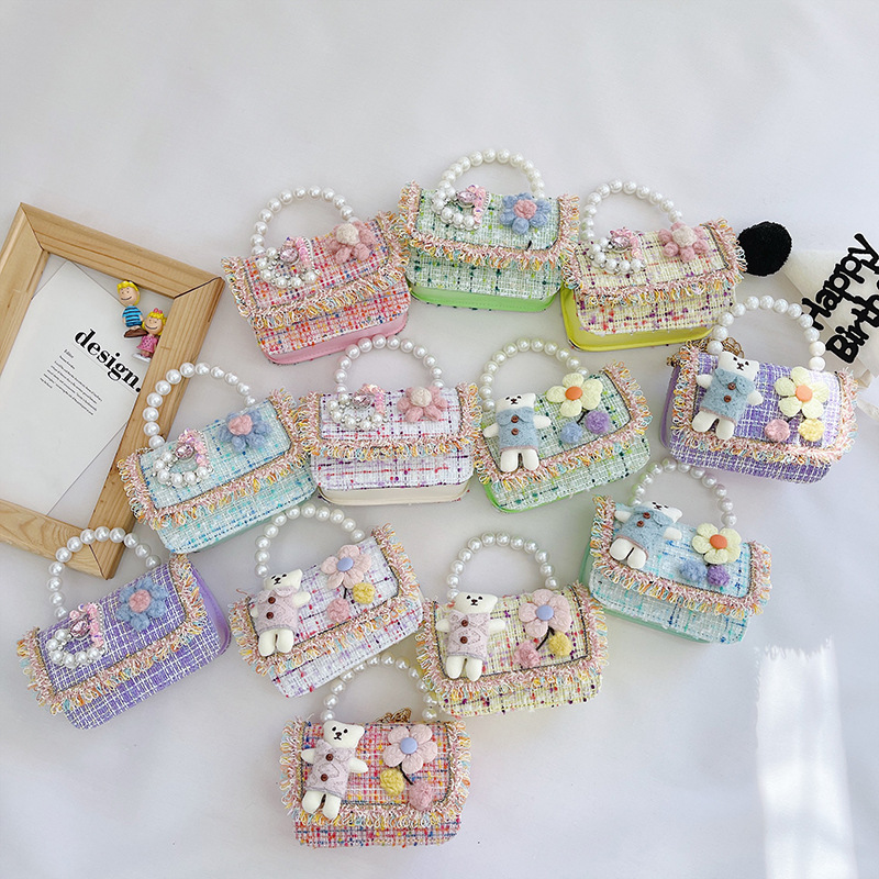 New Princess Bag Cute Little Girl Pearl Hand Bag Cartoon Decorative Crossbody Bag Children Coin Purse Shoulder Bag