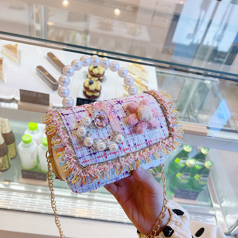 New Princess Bag Cute Little Girl Pearl Hand Bag Cartoon Decorative Crossbody Bag Children Coin Purse Shoulder Bag