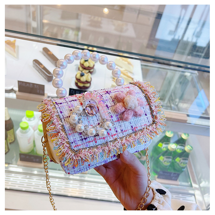 New Princess Bag Cute Little Girl Pearl Hand Bag Cartoon Decorative Crossbody Bag Children Coin Purse Shoulder Bag