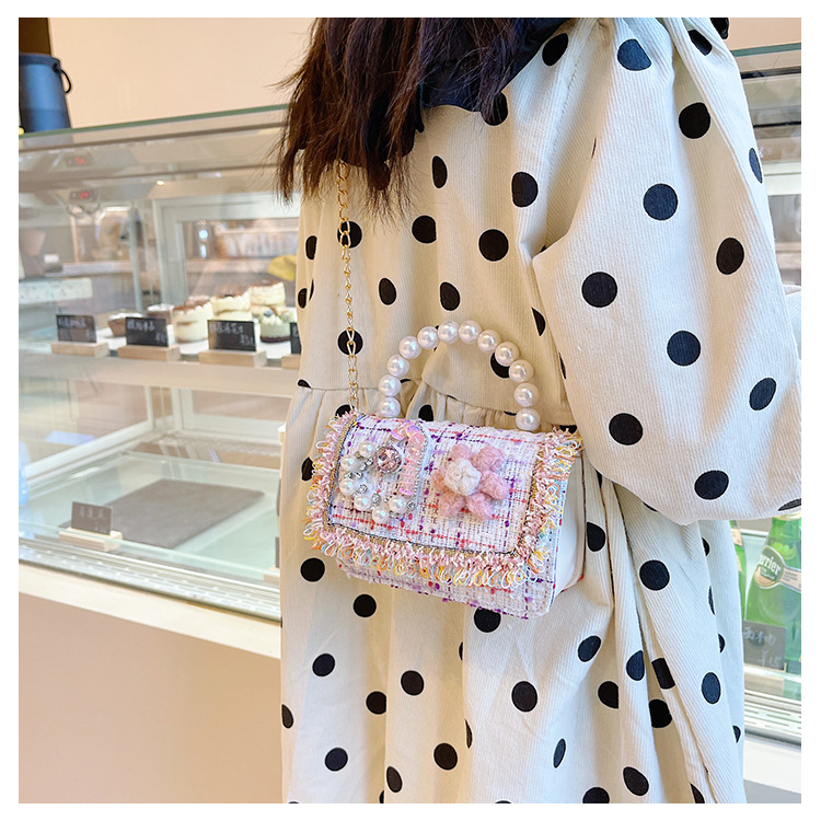 New Princess Bag Cute Little Girl Pearl Hand Bag Cartoon Decorative Crossbody Bag Children Coin Purse Shoulder Bag