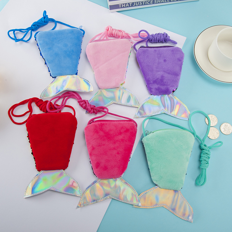 CrossBorder Hot Mermaid Tail Sequined Lanyard Coin Purse Children&#039;s CrossBody Long Rope Coin Bag Small Wallet Whole