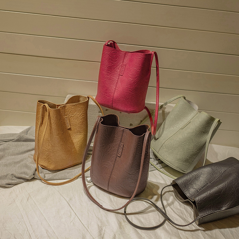 New Bucket Bag Pleated Messenger Bag Shopping Pu Women&#039;s Bag 2020 Korean Style Bag Women&#039;s Shoulder Bag